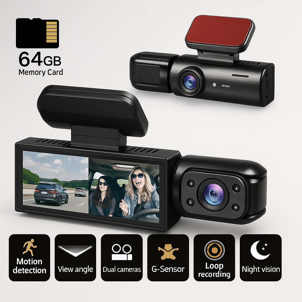 Dashcam Doppel Full HD Auto - Nachtsicht + Innenkamera 